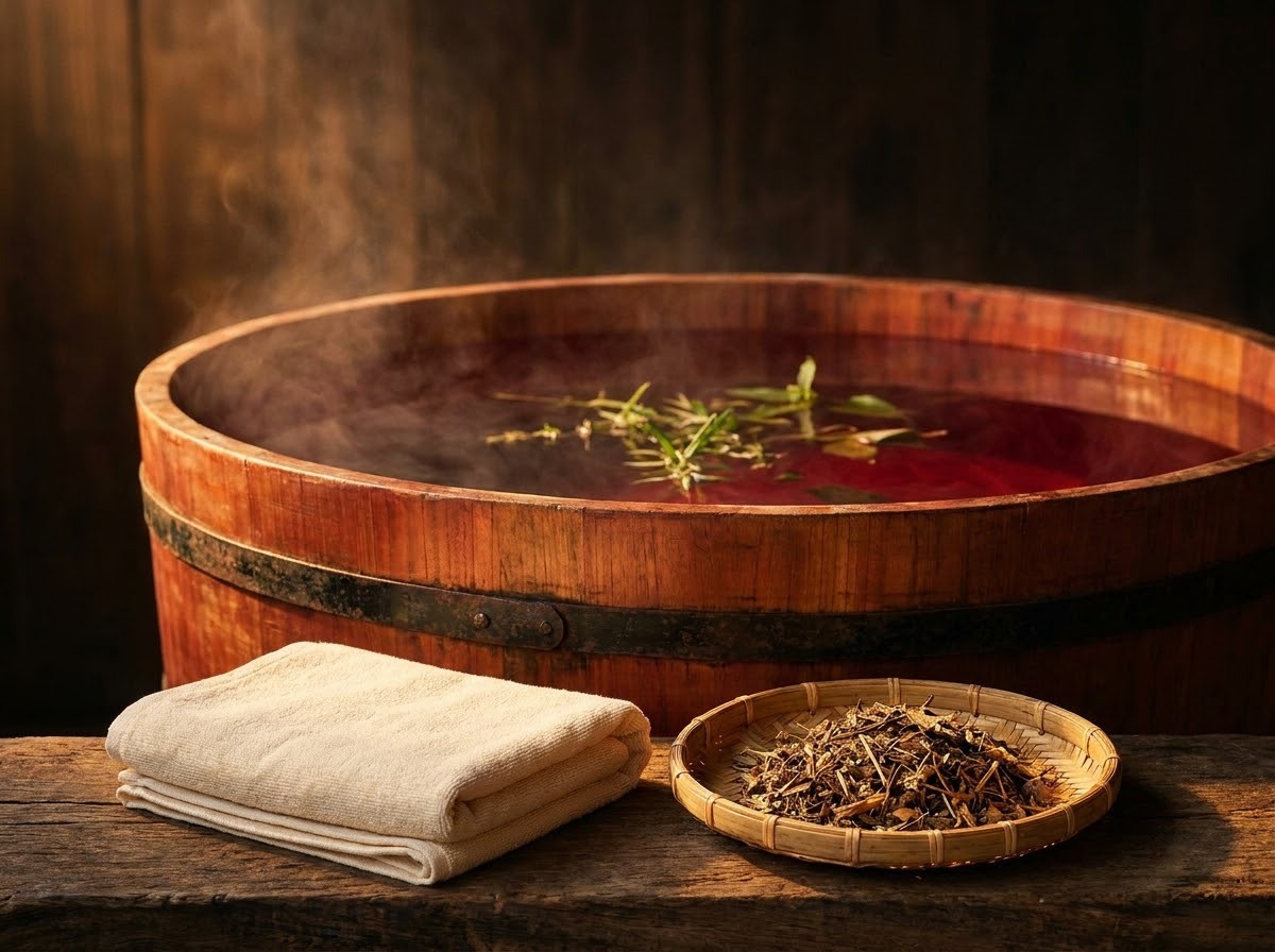 Steaming wooden tub of dark herbal water with scattered leaves and a folded towel beside it