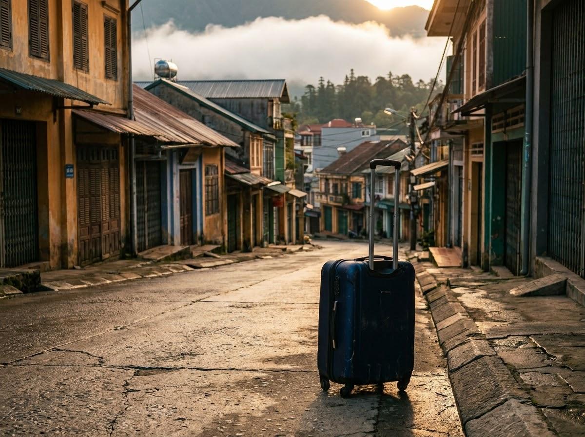 Sloping street in a mountain town in early morning light, a wheeled suitcase on the pavement and low cloud over the rooftops