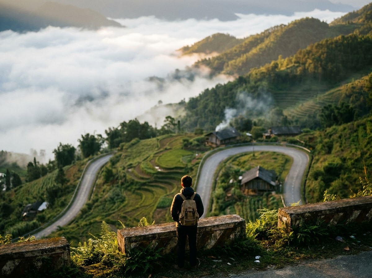 A traveller seen from behind at a roadside pull-out high on the mountain road from Lao Cai to Sa Pa at first light, a small backpack on one shoulder, looking down at the road folding into two hairpin bends across a steep green slope with small rice terraces and wooden farmhouses, white cloud drifting through the valley below