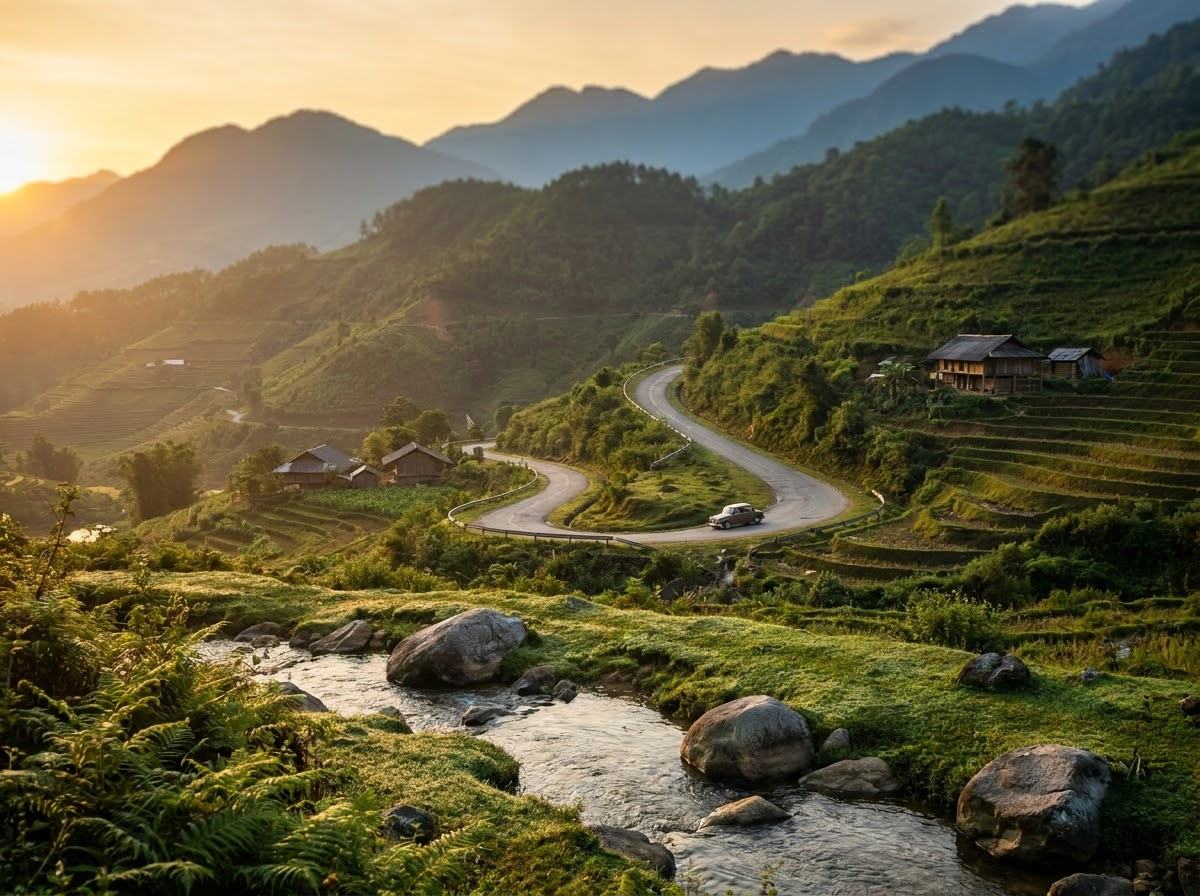 Mountain road winding up from a river valley past terraced hillsides towards Sa Pa in early morning light