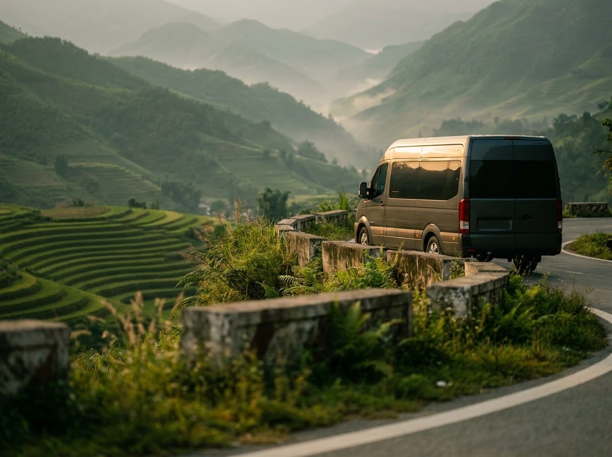 Dark grey passenger van on a mountain highway with misty green ridges and terraced fields below