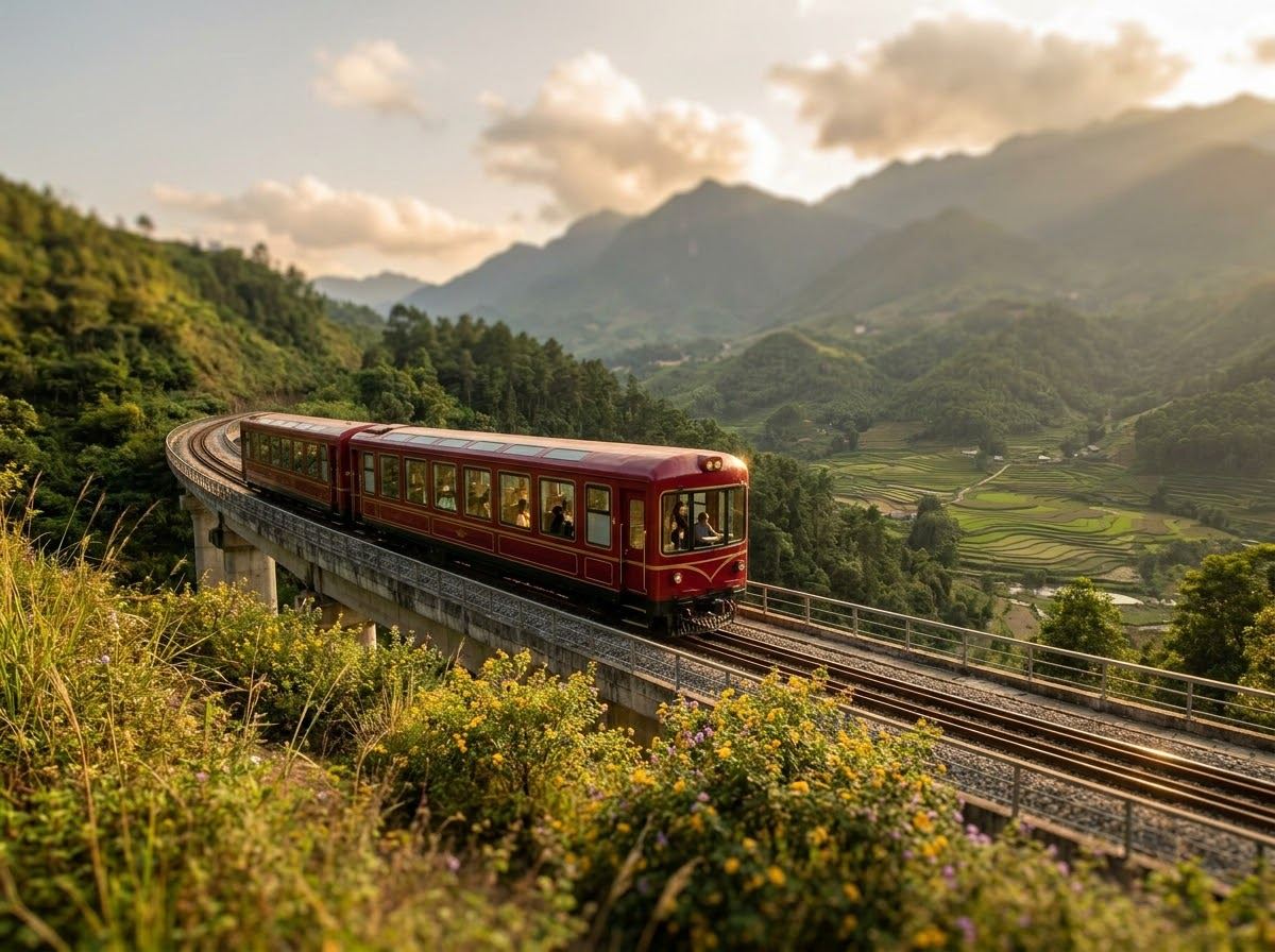 Deep red mountain train with gold trim on a viaduct above a green valley, with peaks rising behind
