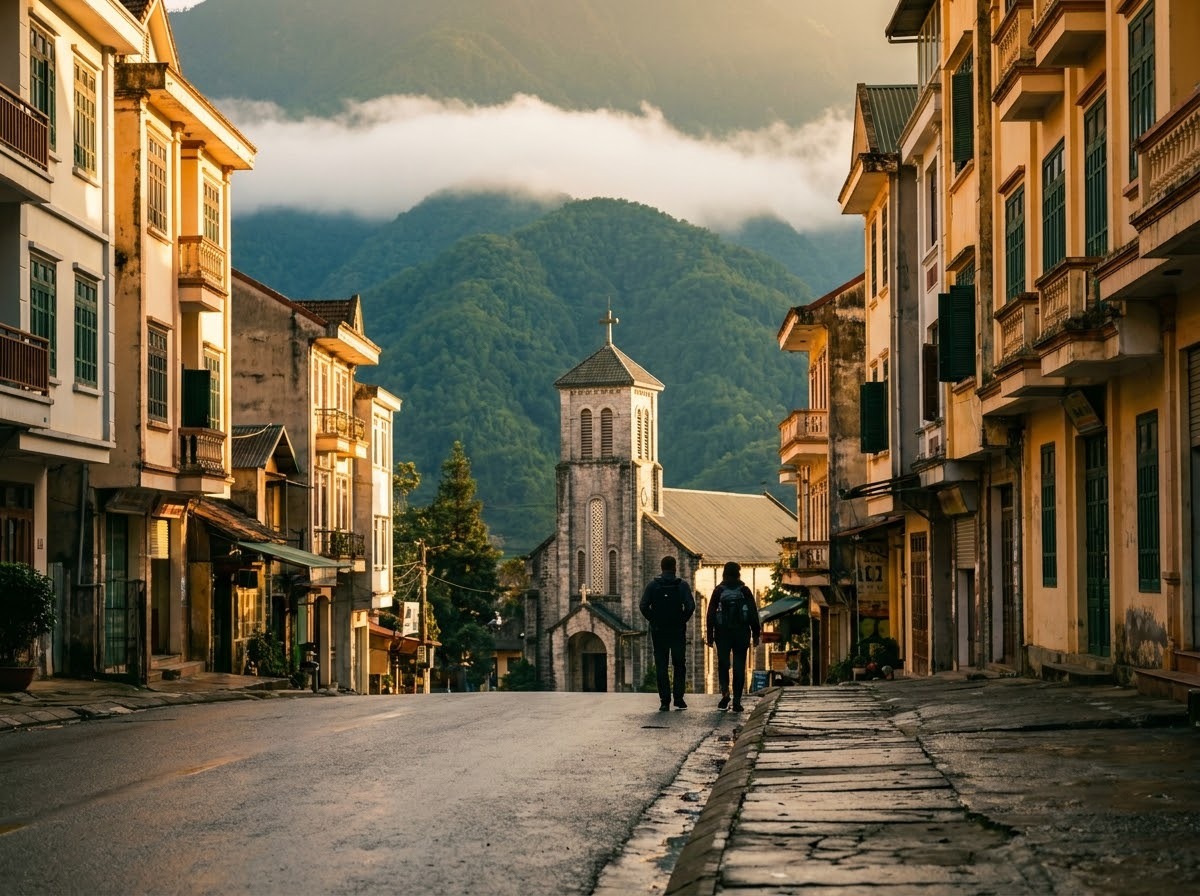 Sloping street in a mountain town climbing towards a grey stone church tower, with low cloud over forested peaks behind