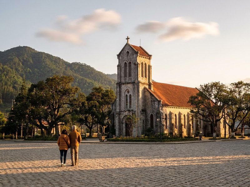 Grey stone church with a square bell tower beside a paved town square in late-afternoon light